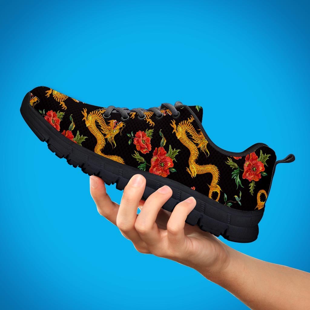 Rose Floral Golden Dragon Print Men's Sneakers-grizzshop