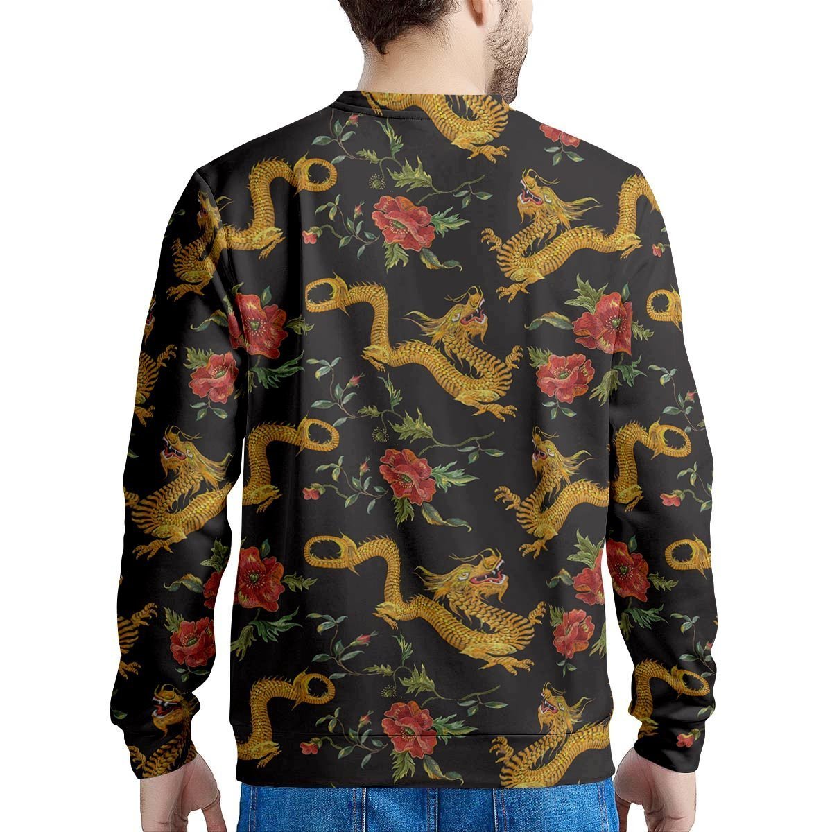 Rose Floral Golden Dragon Print Men's Sweatshirt-grizzshop