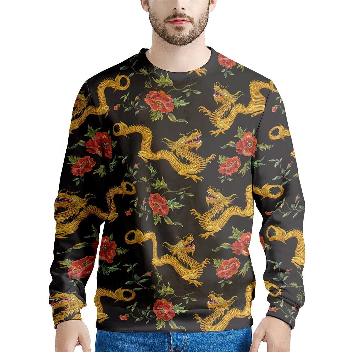 Rose Floral Golden Dragon Print Men's Sweatshirt-grizzshop