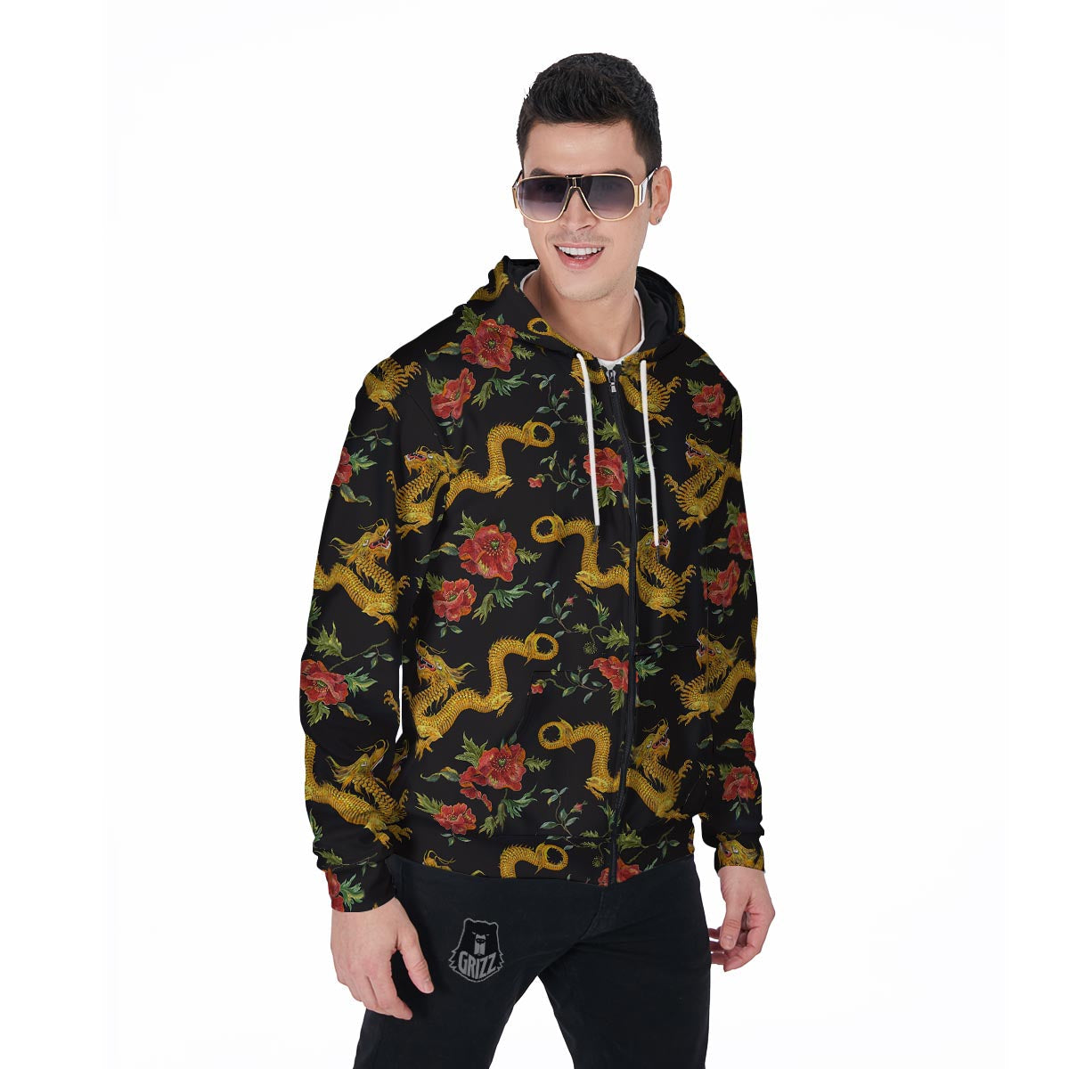 Rose Floral Golden Dragon Print Men's Zip Up Hoodie-grizzshop