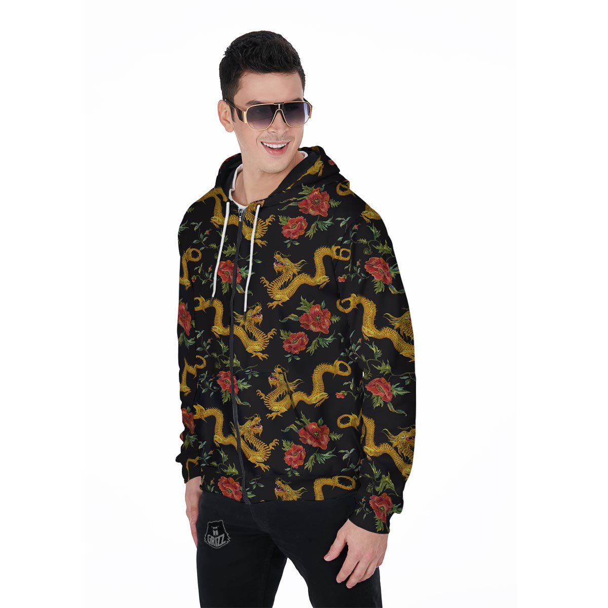 Rose Floral Golden Dragon Print Men's Zip Up Hoodie-grizzshop