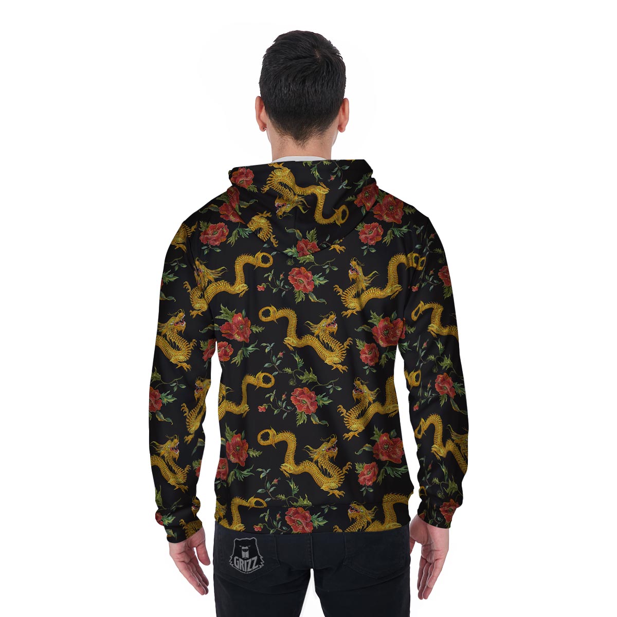 Rose Floral Golden Dragon Print Men's Zip Up Hoodie-grizzshop