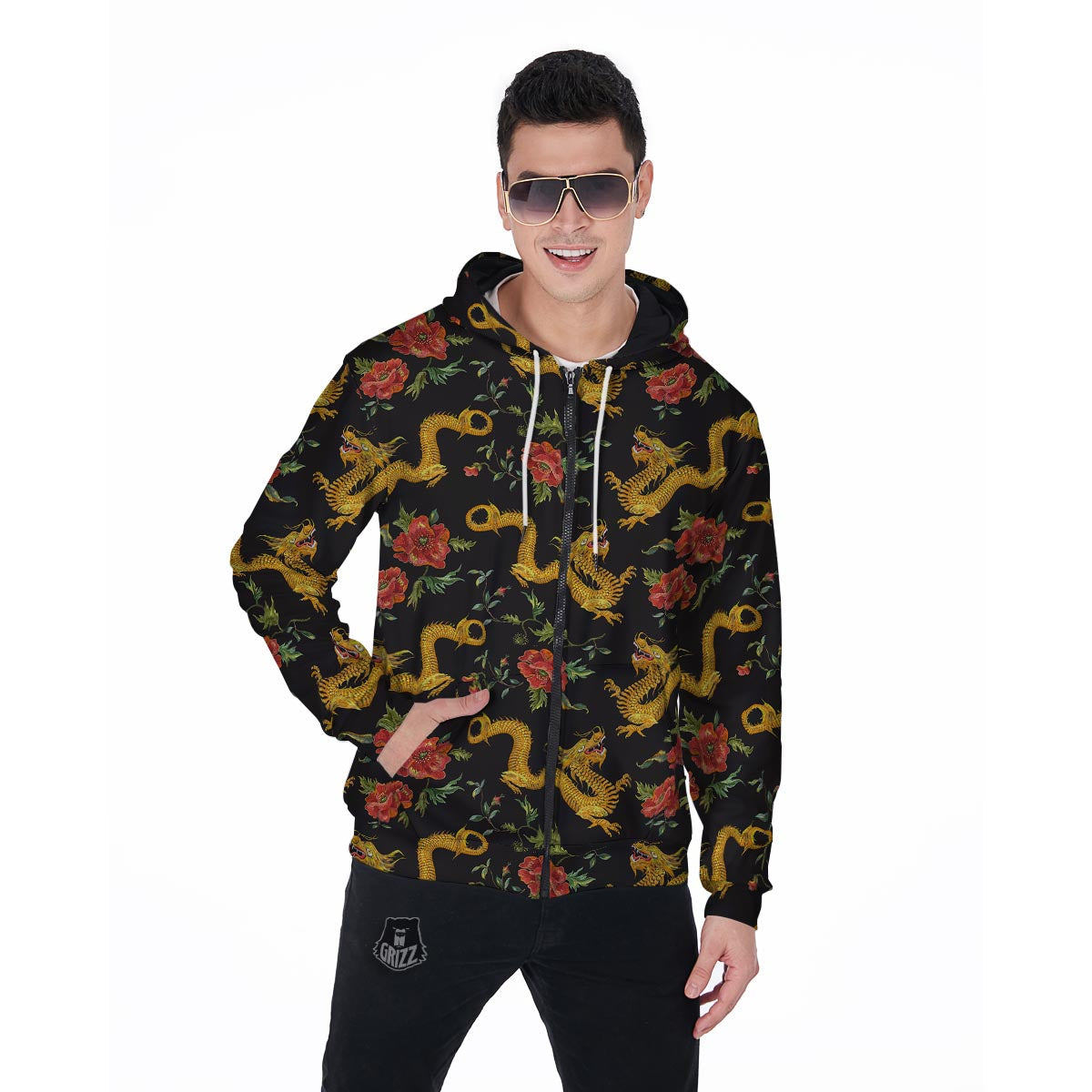 Rose Floral Golden Dragon Print Men's Zip Up Hoodie-grizzshop