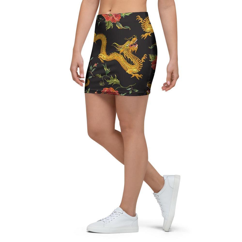 Rose Floral Golden Dragon Print Mini Skirt-grizzshop