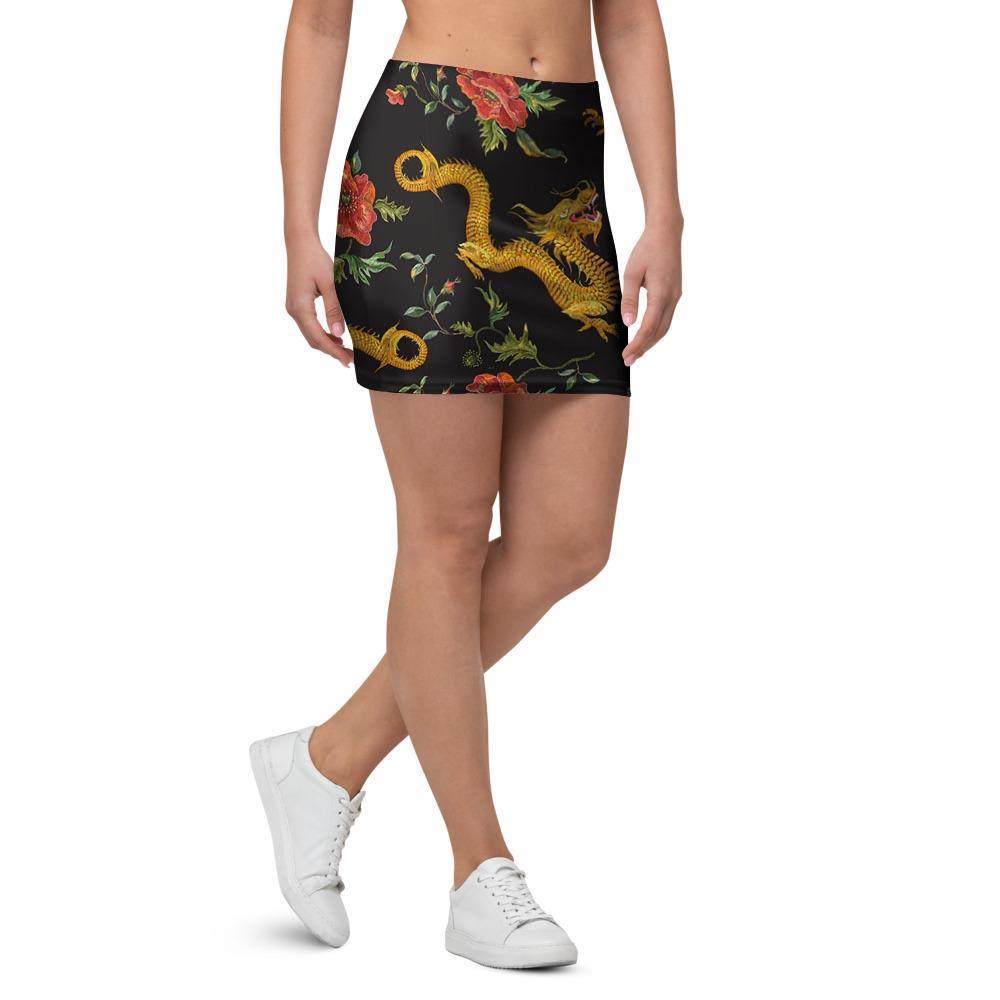 Rose Floral Golden Dragon Print Mini Skirt-grizzshop