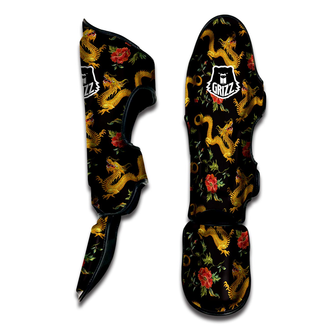 Rose Floral Golden Dragon Print Muay Thai Shin Guard-grizzshop