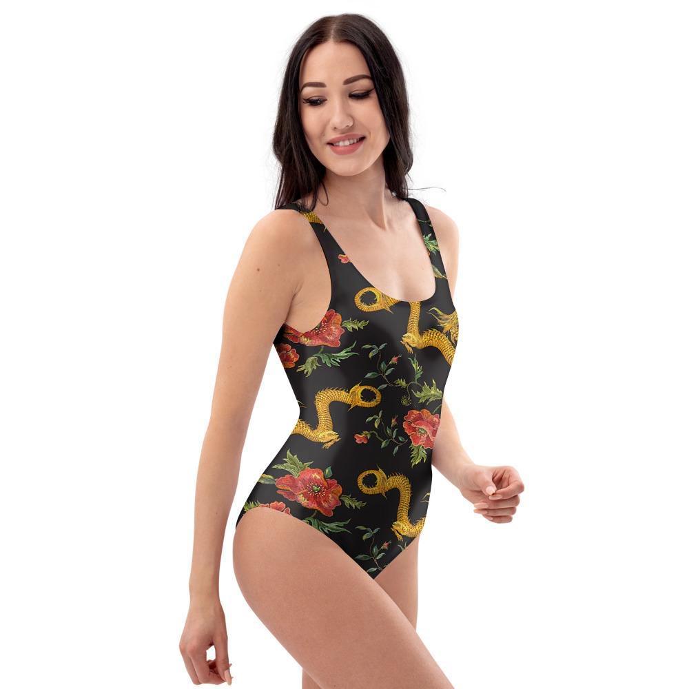 Rose Floral Golden Dragon Print One Piece Swimsuite-grizzshop