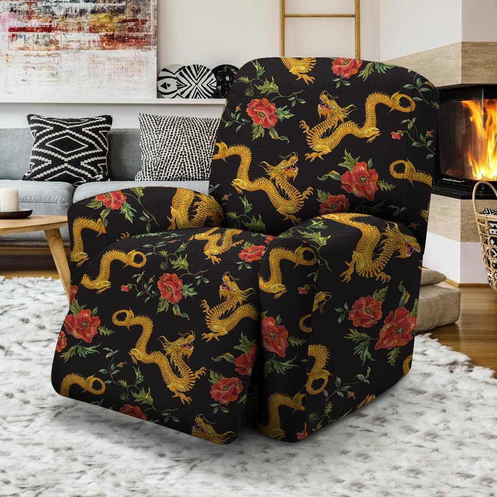 Rose Floral Golden Dragon Print Recliner Cover-grizzshop