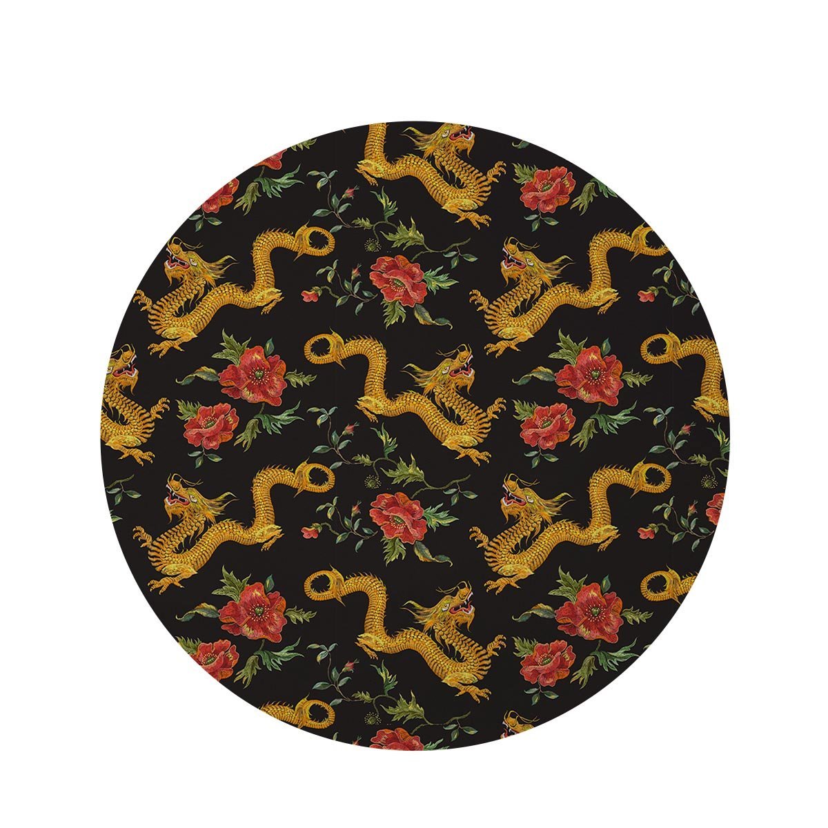 Rose Floral Golden Dragon Print Round Rug-grizzshop