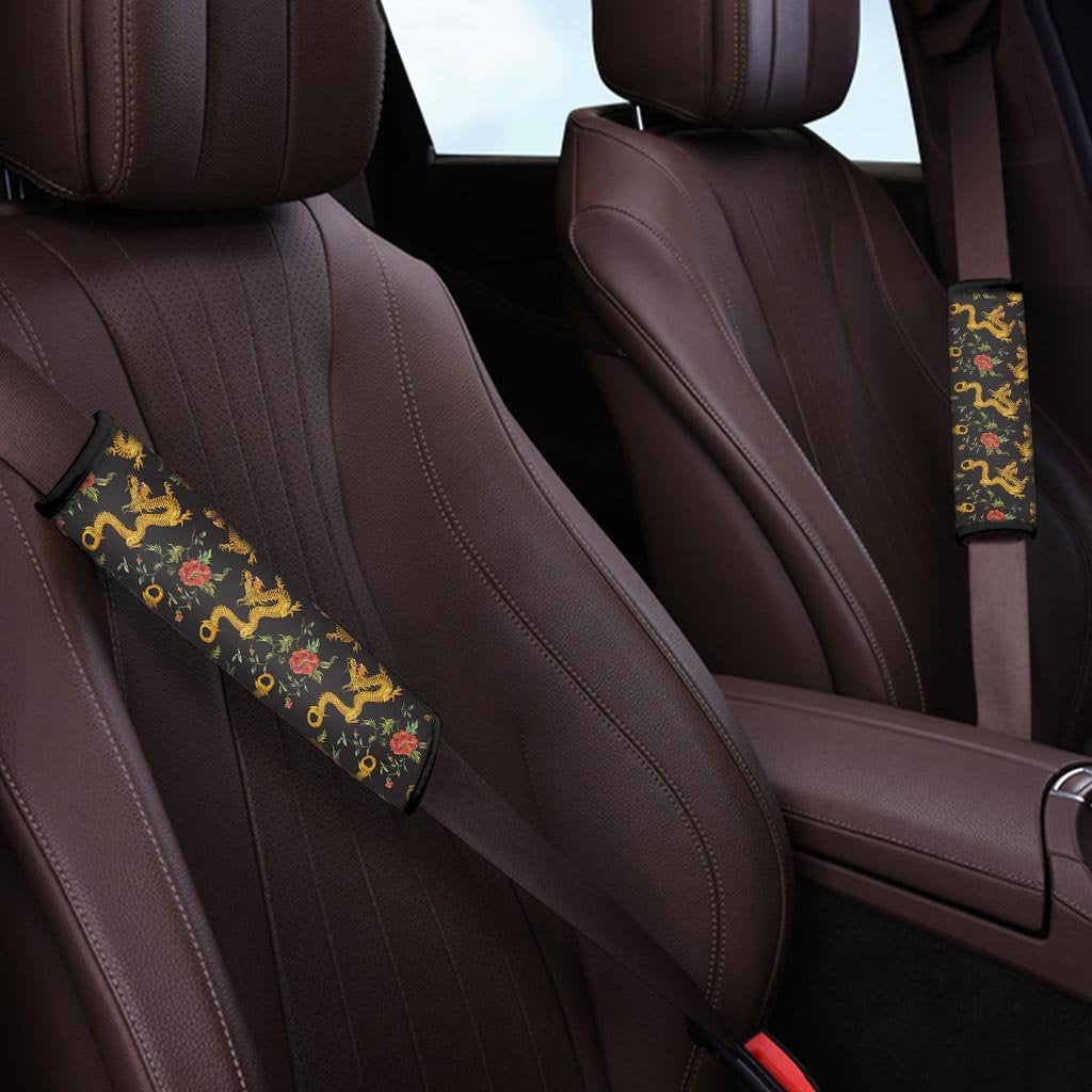 Rose Floral Golden Dragon Print Seat Belt Cover-grizzshop