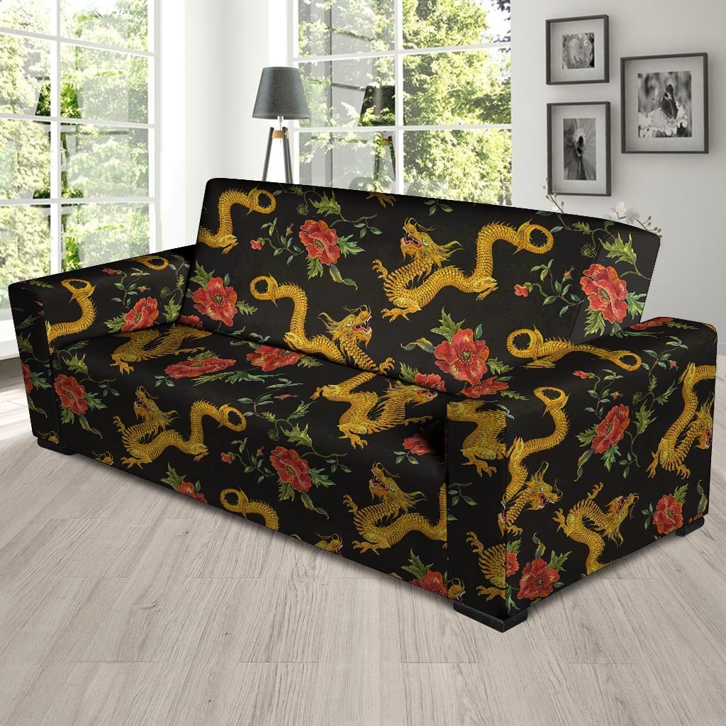 Rose Floral Golden Dragon Print Sofa Cover-grizzshop