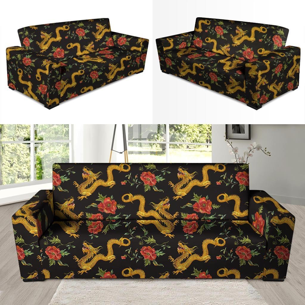 Rose Floral Golden Dragon Print Sofa Cover-grizzshop