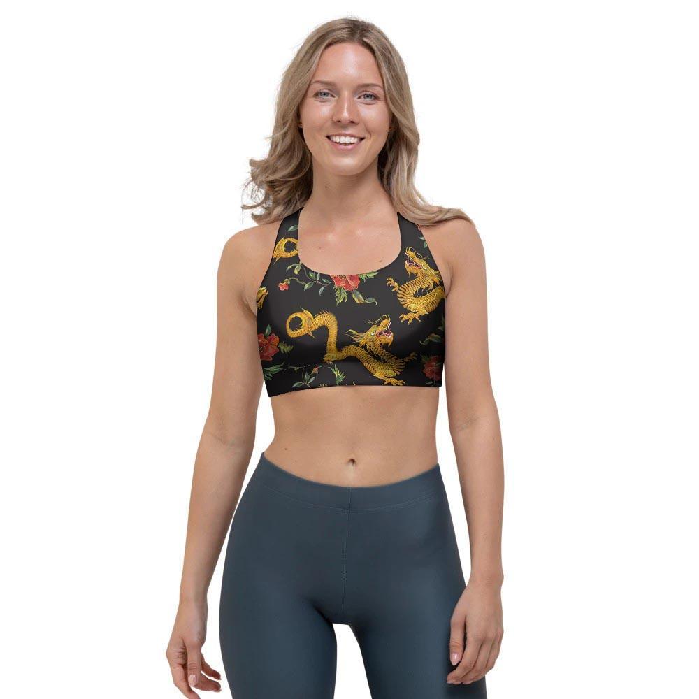 Rose Floral Golden Dragon Print Sports Bra-grizzshop