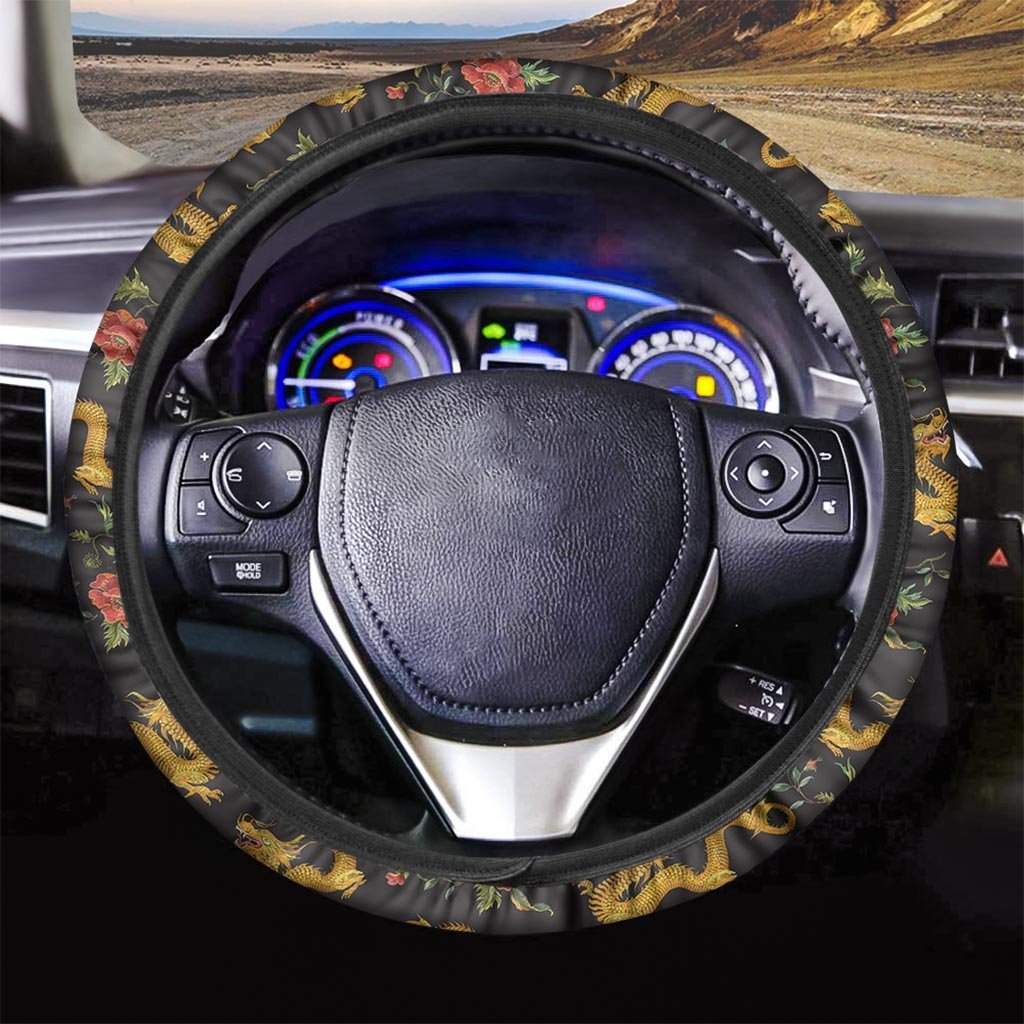 Rose Floral Golden Dragon Print Steering Wheel Cover-grizzshop