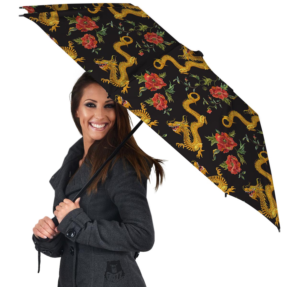 Rose Floral Golden Dragon Print Umbrella-grizzshop