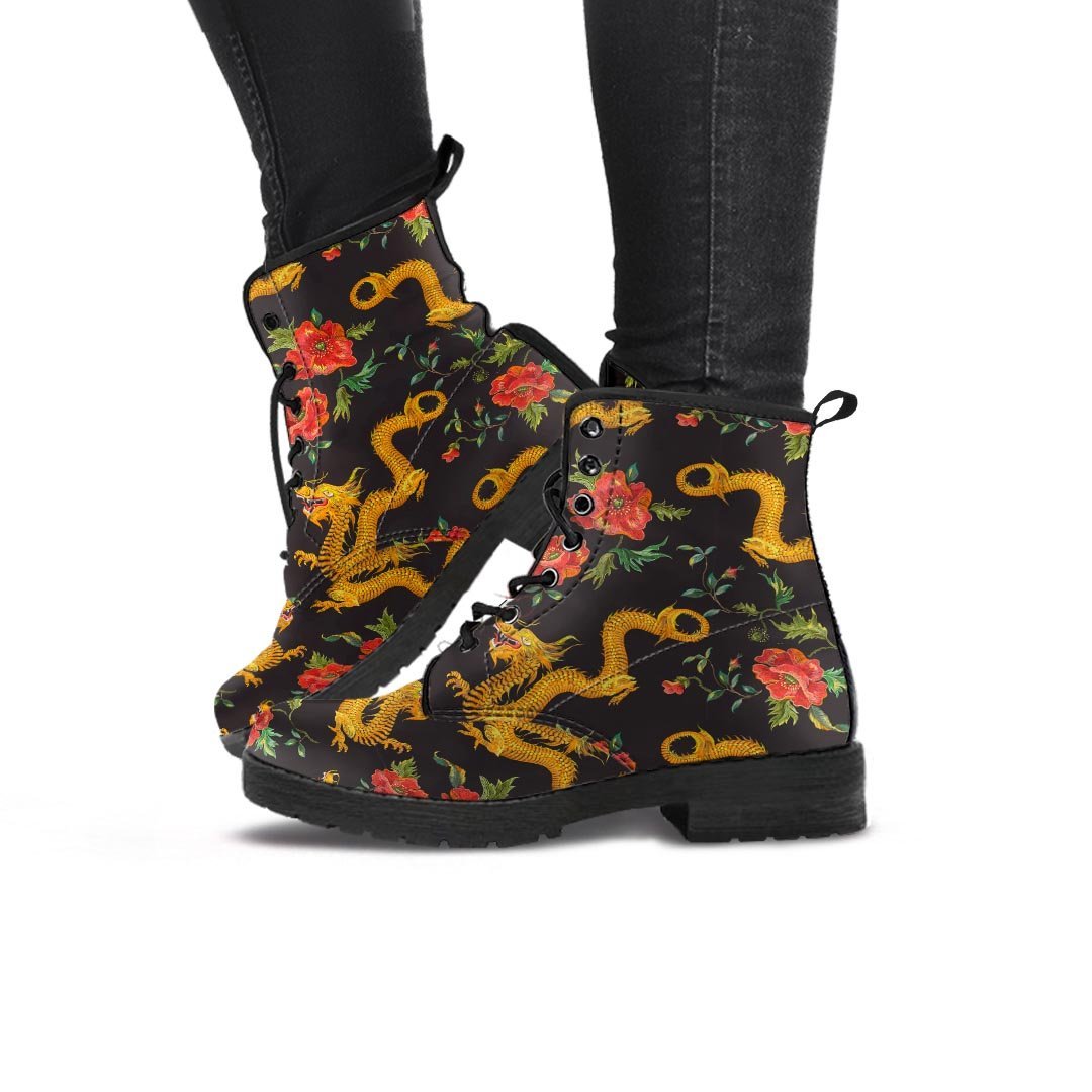 Rose Floral Golden Dragon Print Women's Boots-grizzshop