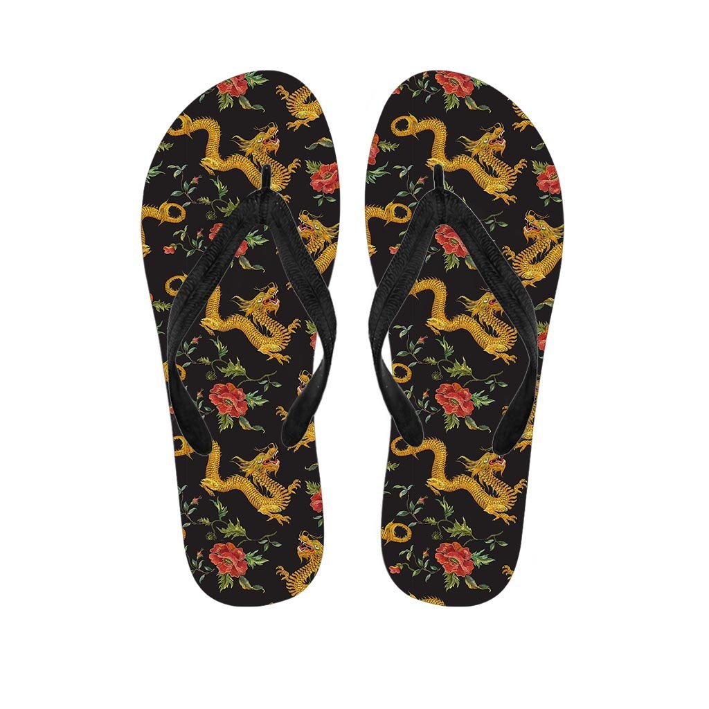 Rose Floral Golden Dragon Print Women's Flip Flops-grizzshop