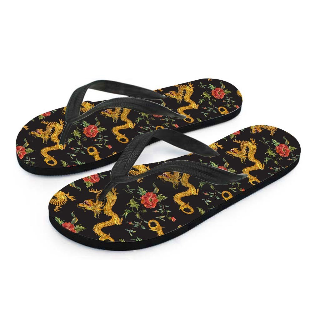 Rose Floral Golden Dragon Print Women's Flip Flops-grizzshop