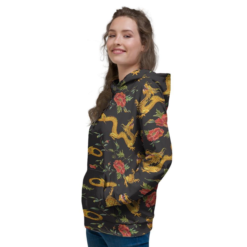 Rose Floral Golden Dragon Print Women's Hoodie-grizzshop