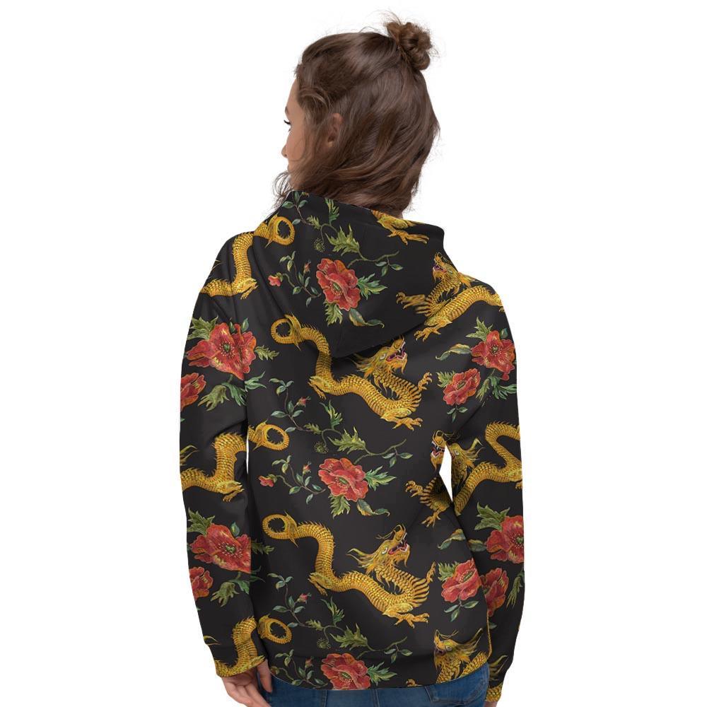 Rose Floral Golden Dragon Print Women's Hoodie-grizzshop