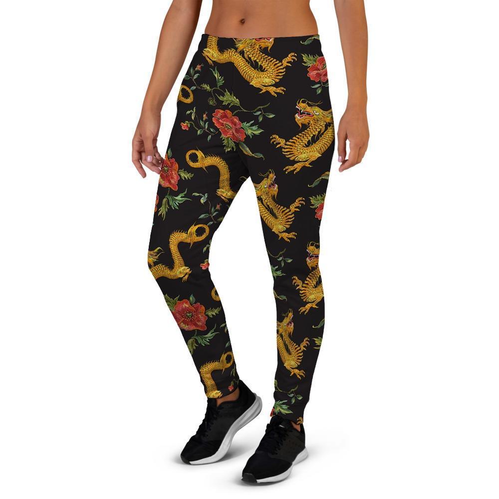 Rose Floral Golden Dragon Print Women's Joggers-grizzshop