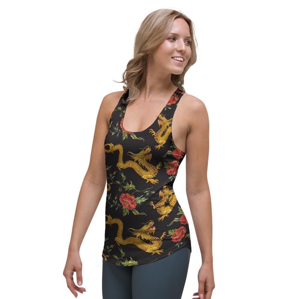 Rose Floral Golden Dragon Print Women's Racerback Tank Top-grizzshop