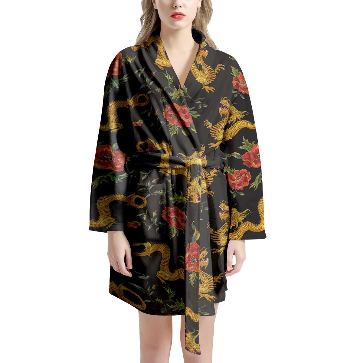 Rose Floral Golden Dragon Print Women's Robe-grizzshop