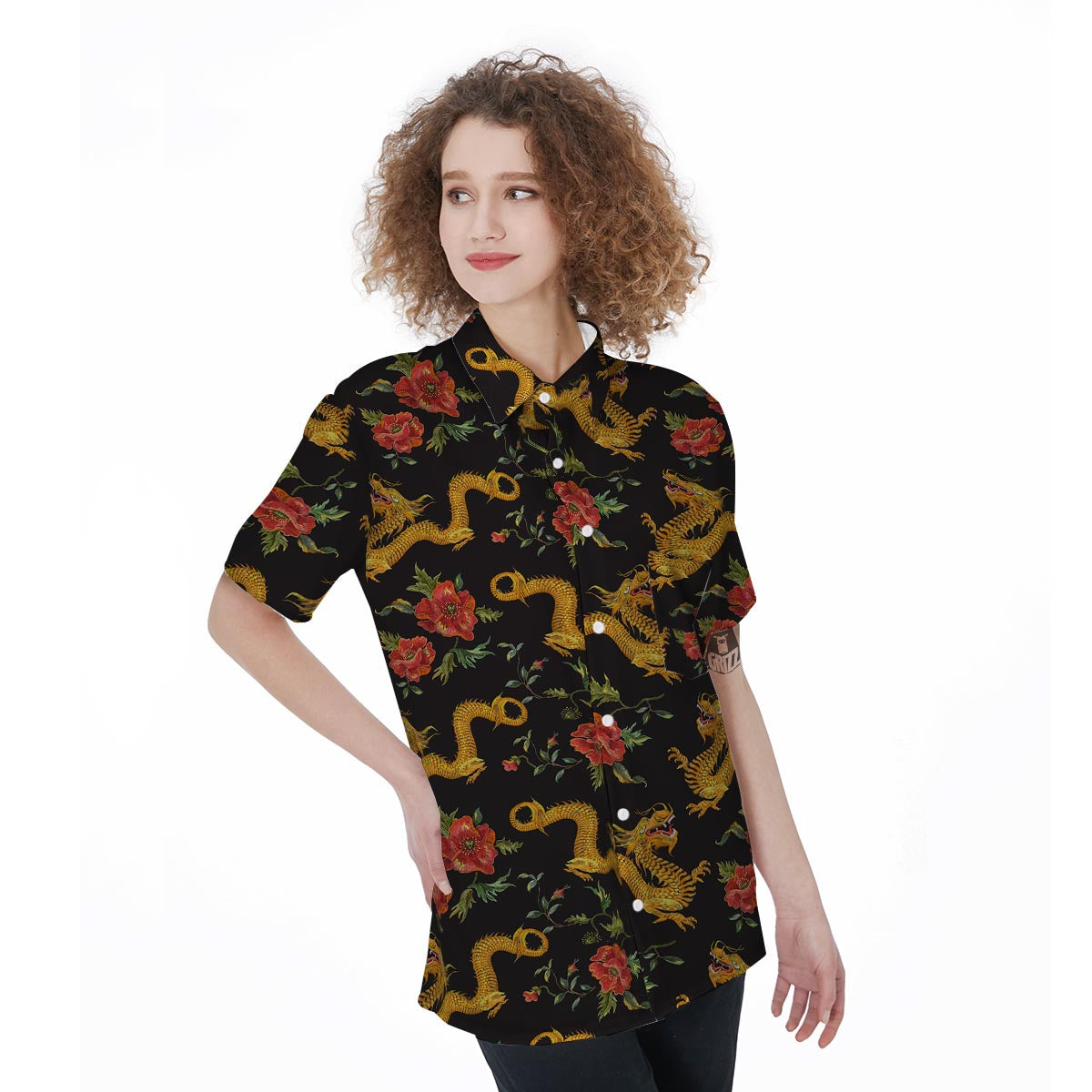 Rose Floral Golden Dragon Print Women's Short Sleeve Shirts-grizzshop