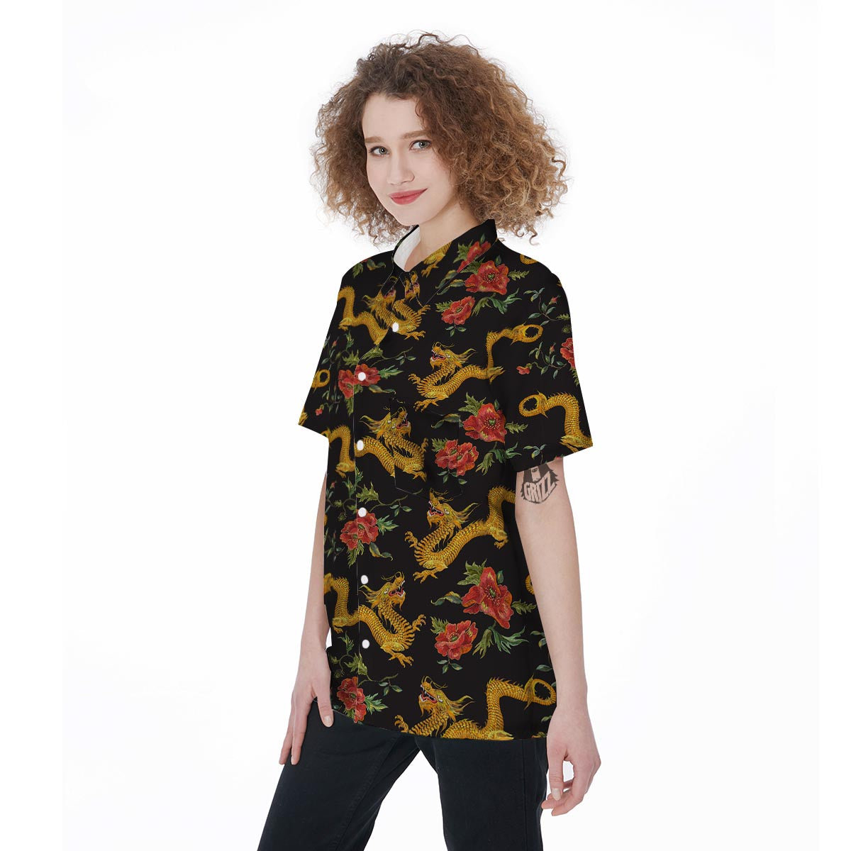Rose Floral Golden Dragon Print Women's Short Sleeve Shirts-grizzshop