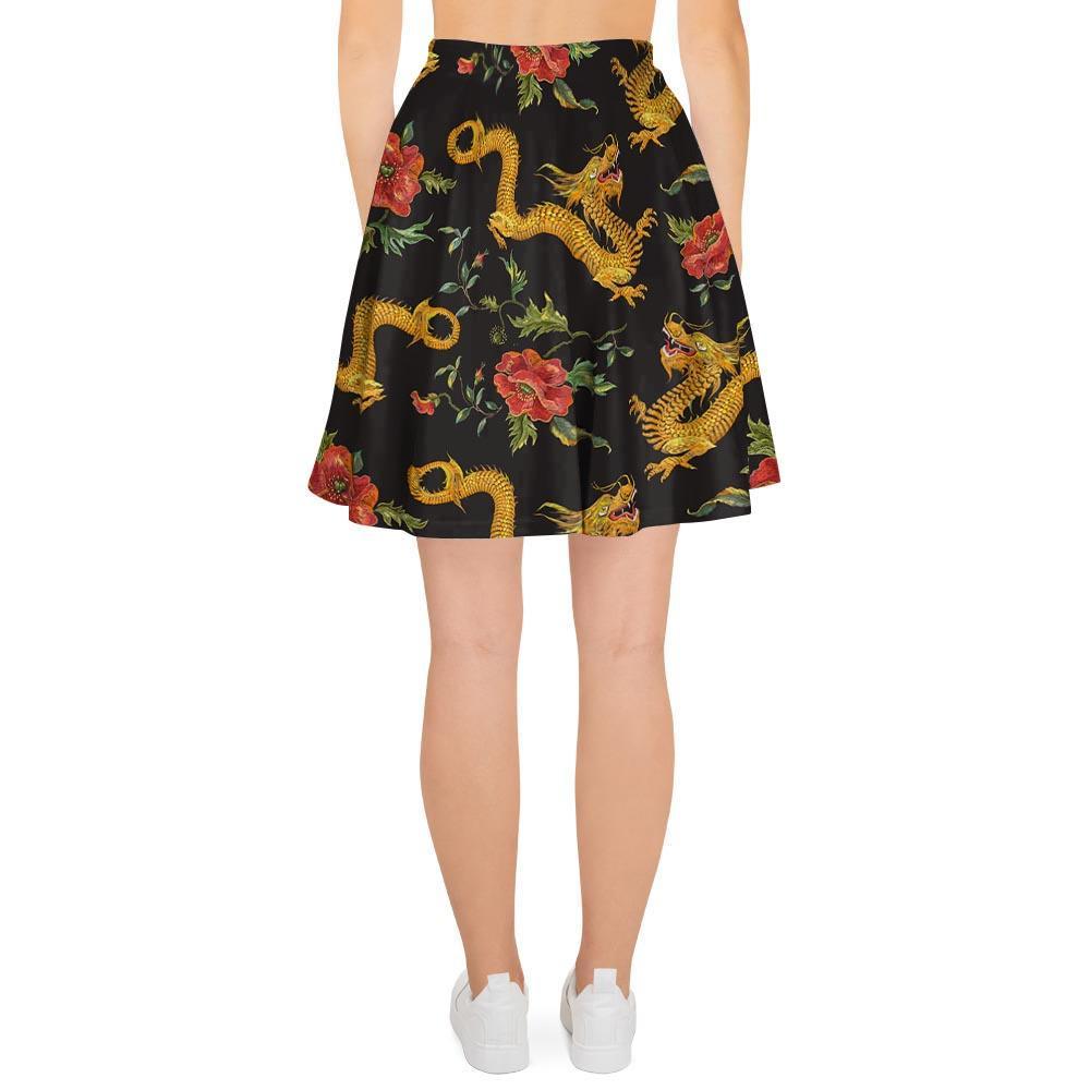 Rose Floral Golden Dragon Print Women's Skirt-grizzshop