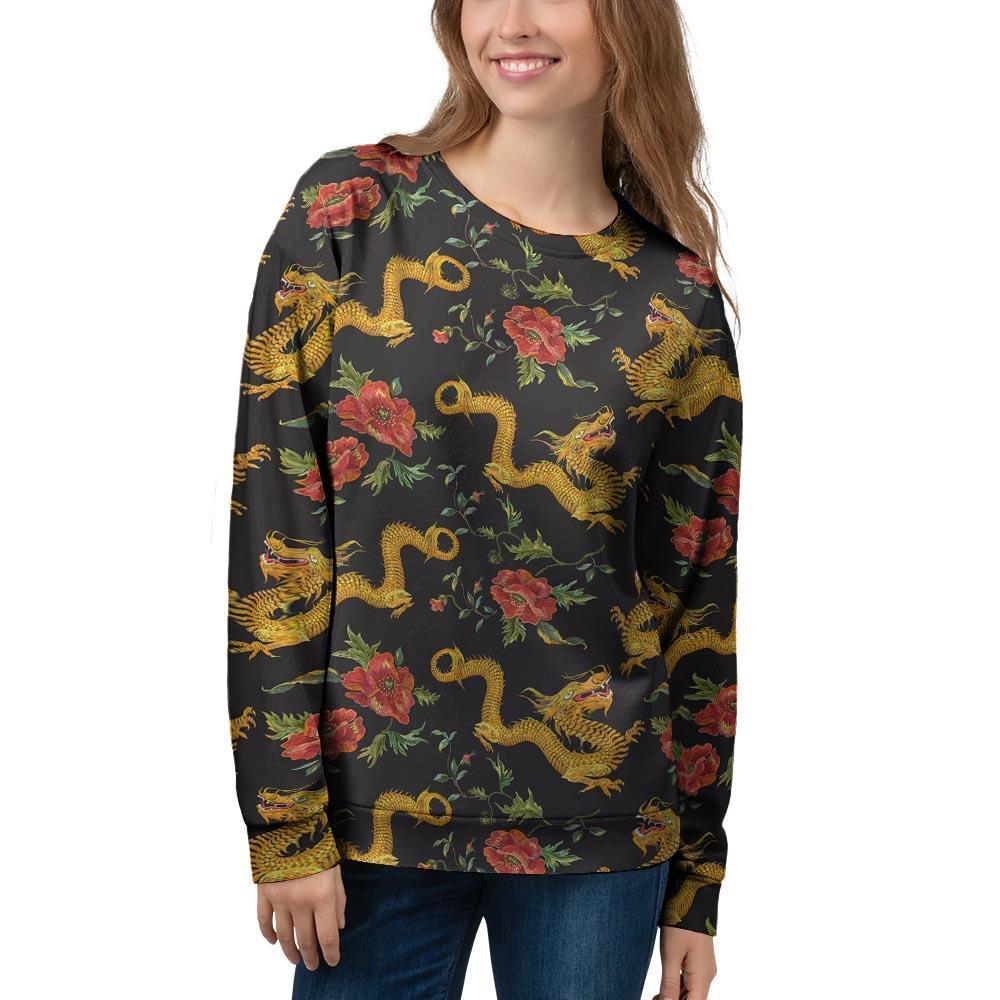 Rose Floral Golden Dragon Print Women's Sweatshirt-grizzshop