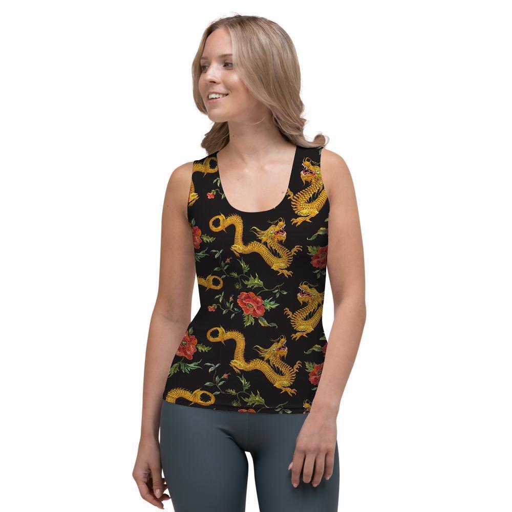Rose Floral Golden Dragon Print Women's Tank Top-grizzshop