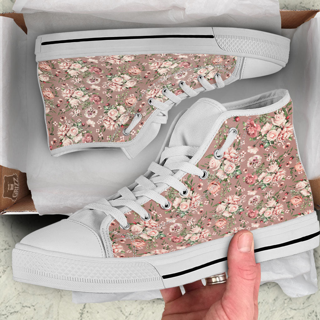 Rose Floral Pink Vintage Print Pattern White High Top Shoes-grizzshop