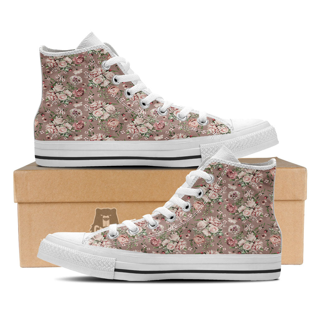Rose Floral Pink Vintage Print Pattern White High Top Shoes-grizzshop