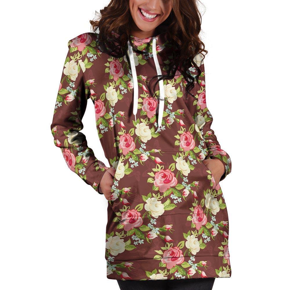 Rose Floral Print Hoodie Dress-grizzshop