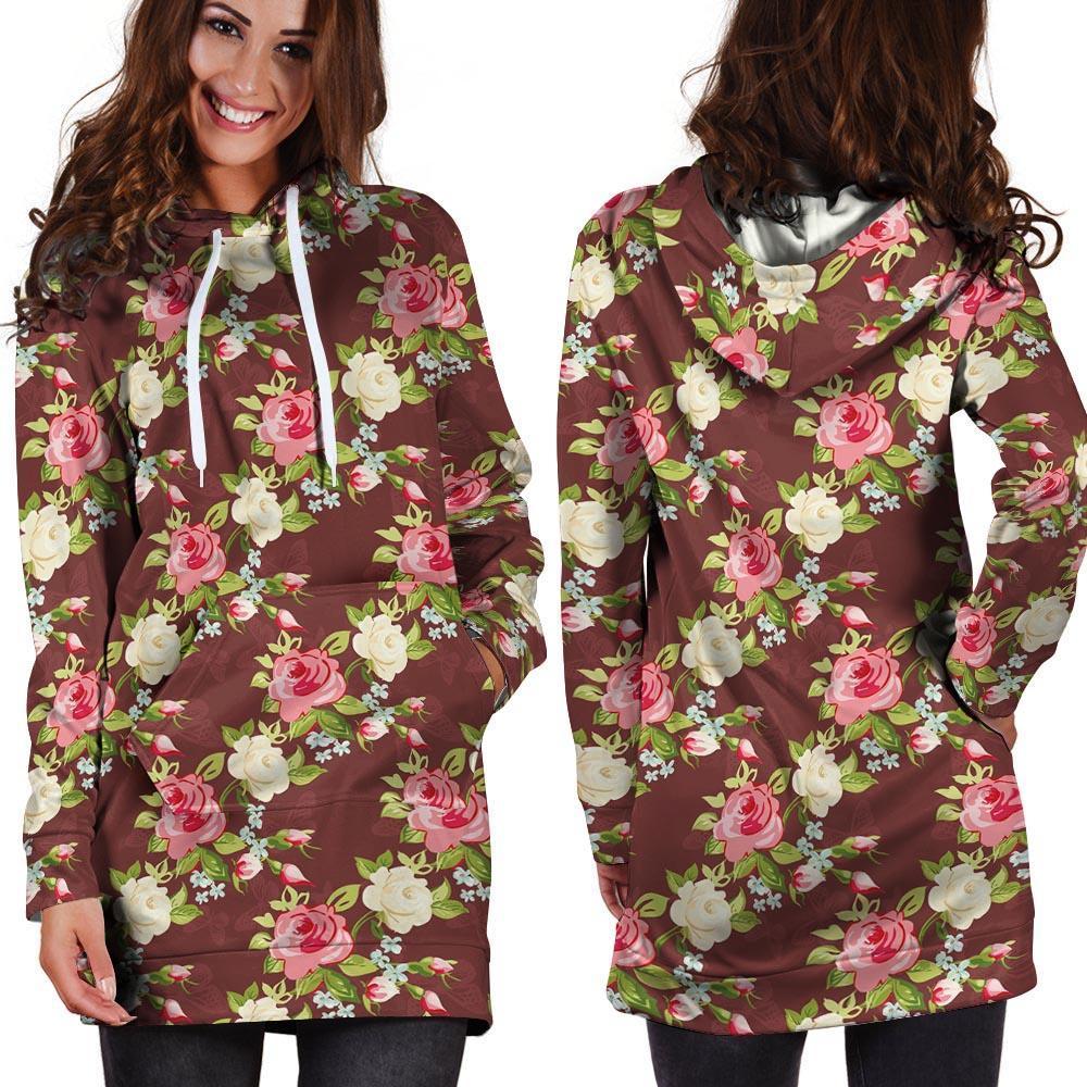 Rose Floral Print Hoodie Dress-grizzshop