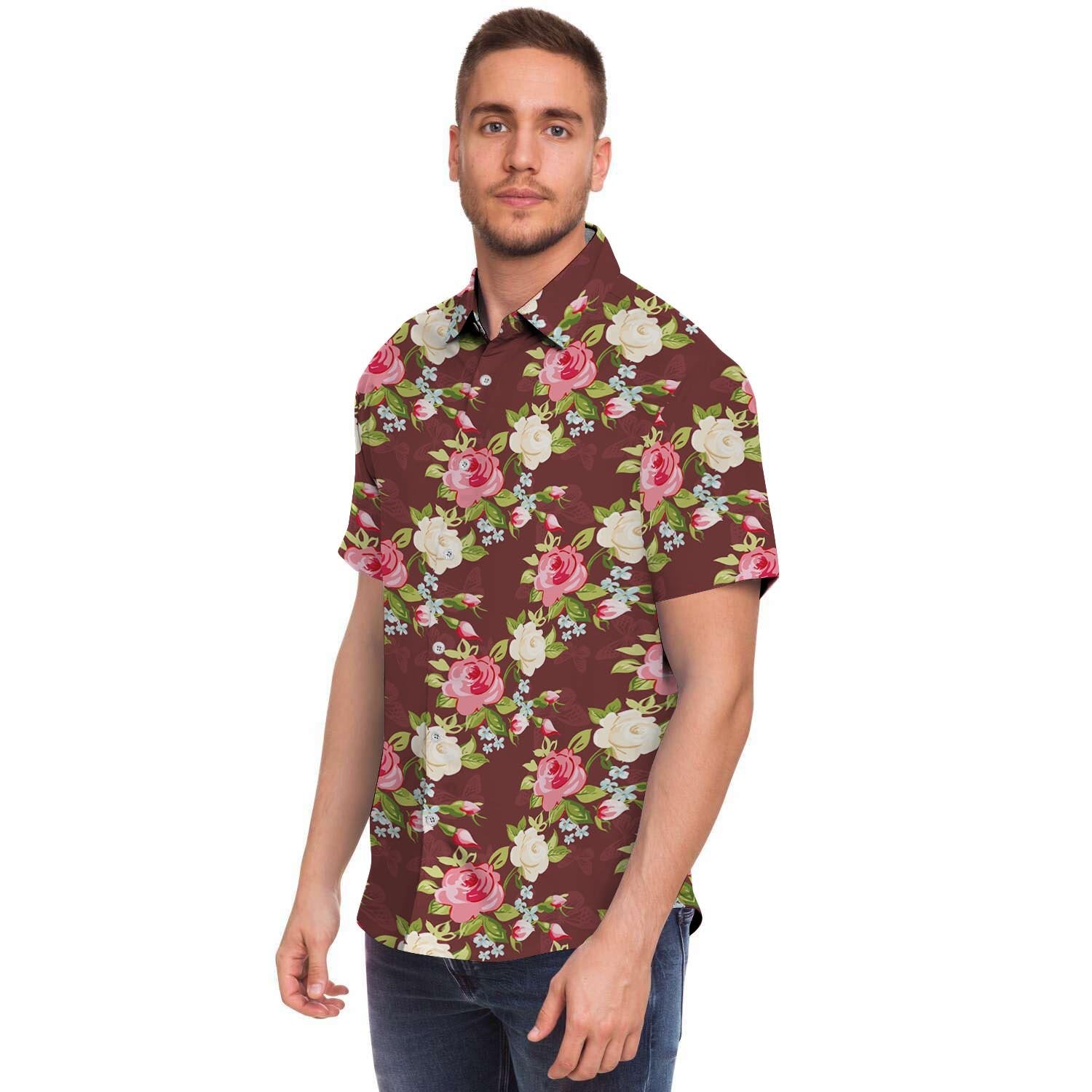 Rose Floral Print Men's Short Sleeve Shirt-grizzshop