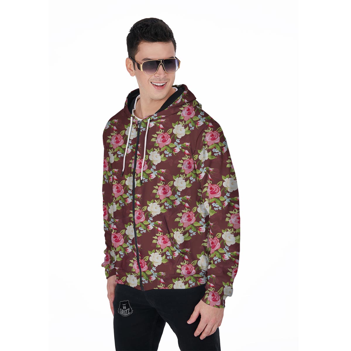 Rose Floral Print Men's Zip Up Hoodie-grizzshop