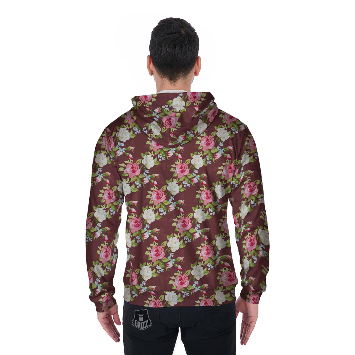 Rose Floral Print Men's Zip Up Hoodie-grizzshop