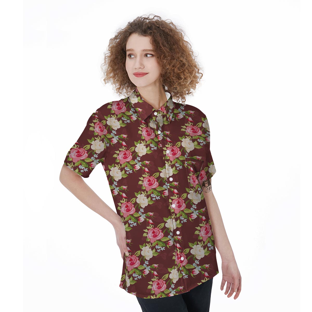 Rose Floral Print Women's Short Sleeve Shirts-grizzshop