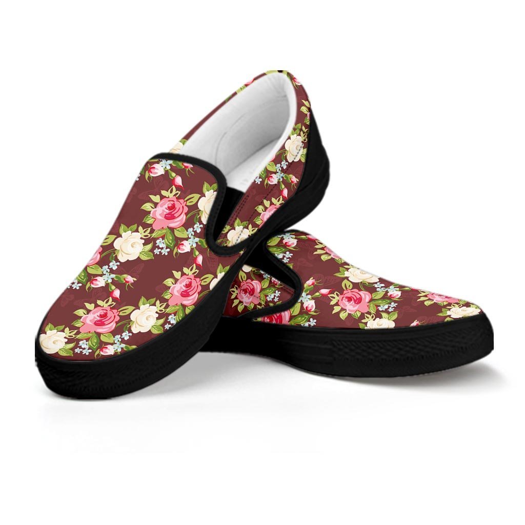 Rose Floral Print Women's Slip On Sneakers-grizzshop