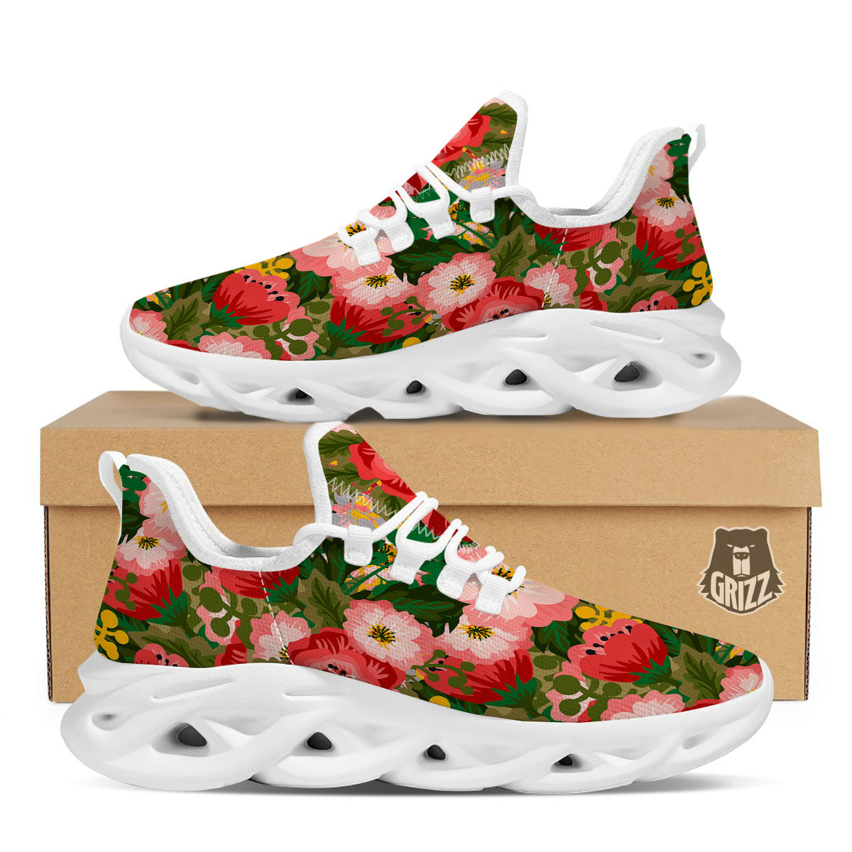 Rose Floral Red And Pink Print Pattern White Running Shoes-grizzshop