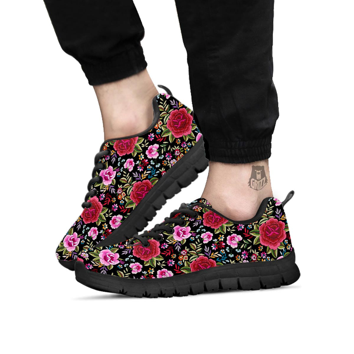 Rose Floral Red Pink Print Pattern Black Sneaker-grizzshop