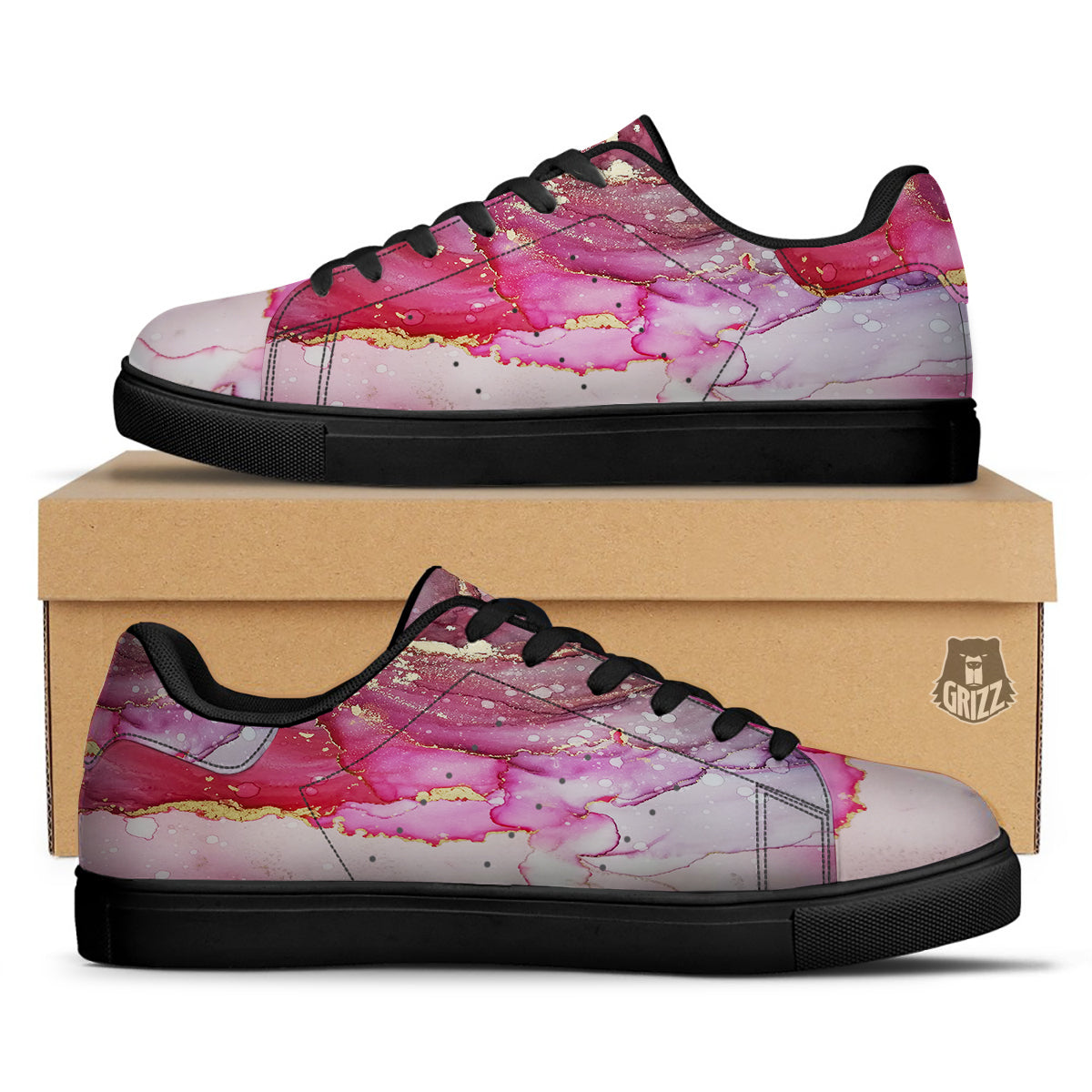 Rose Gold Marble Print Black Low Top Sneakers-grizzshop