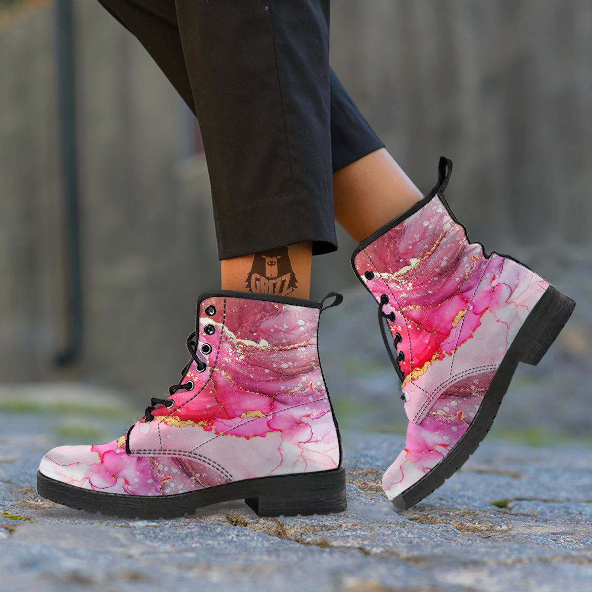 Rose Gold Marble Print Leather Boots-grizzshop