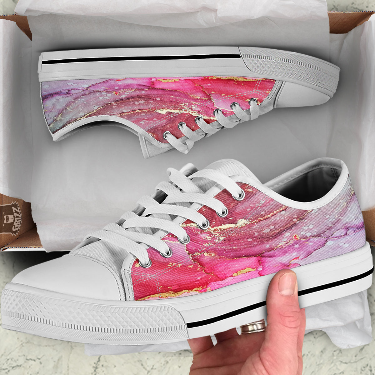 Rose Gold Marble Print White Low Top Shoes-grizzshop
