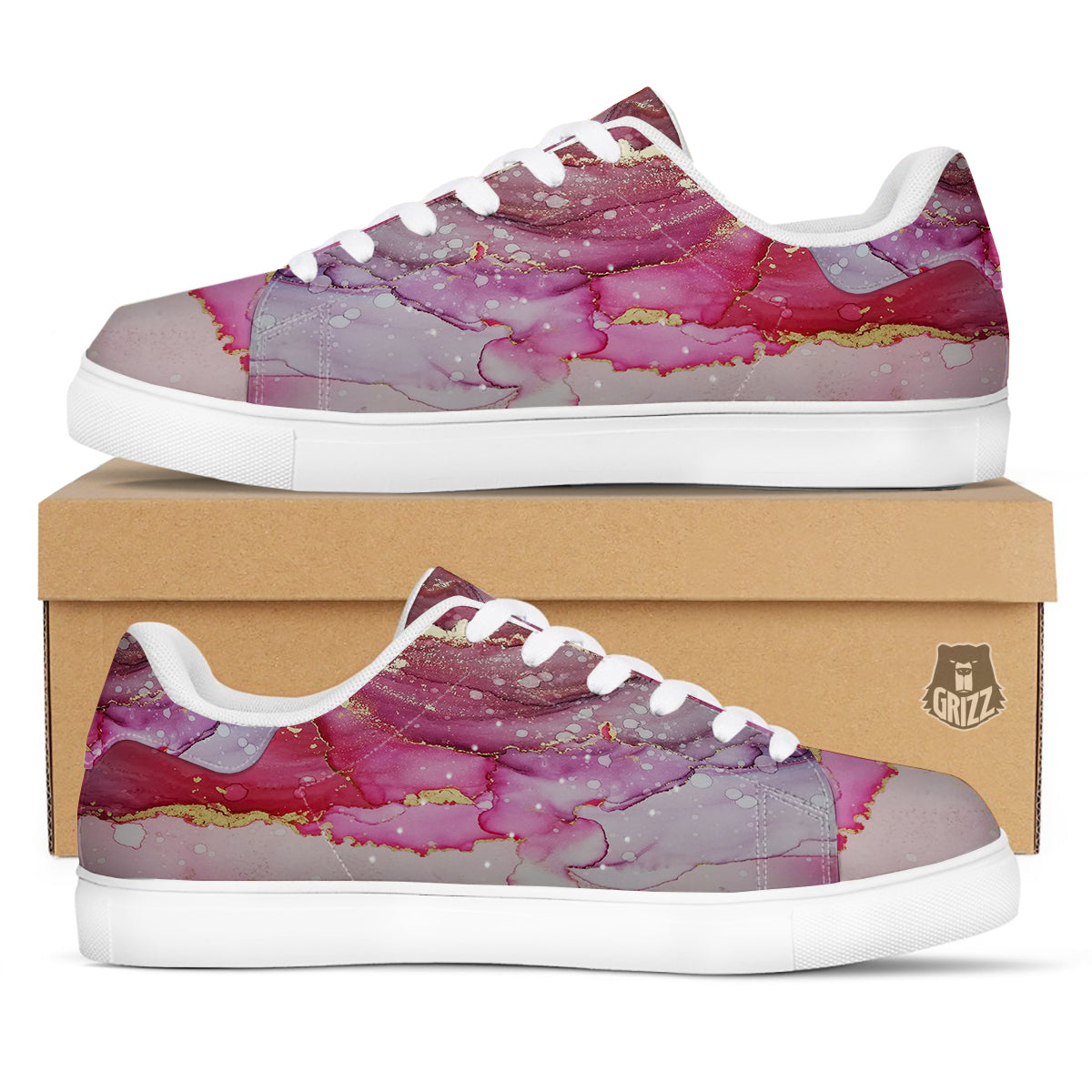 Rose Gold Marble Print White Low Top Sneakers-grizzshop