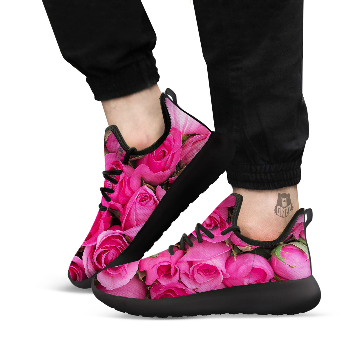 Rose Hot Pink Print Black Athletic Shoes-grizzshop