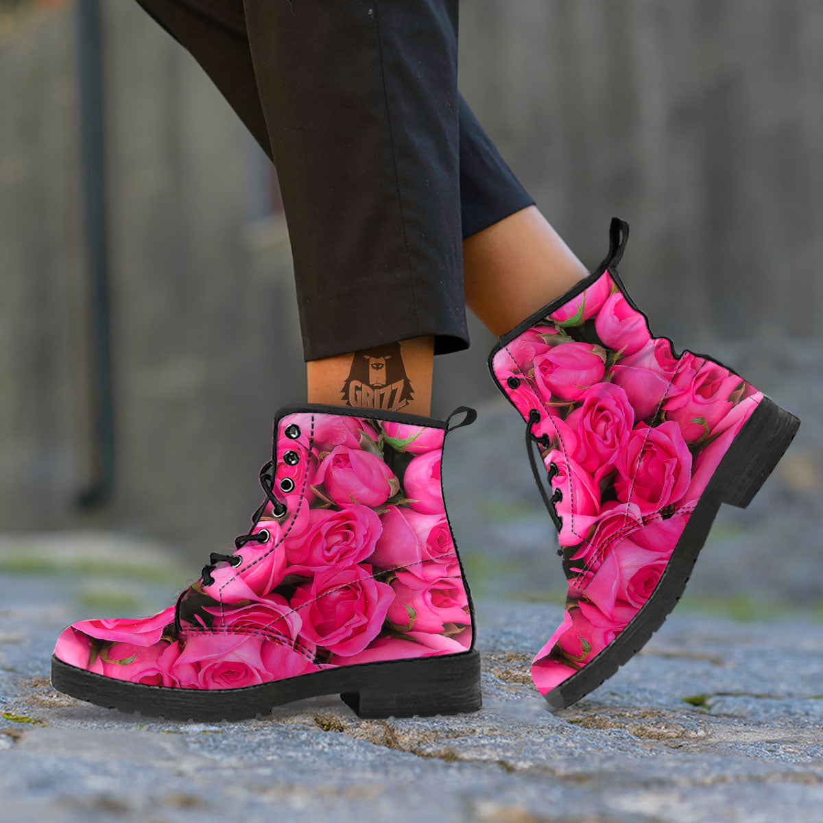 Rose Hot Pink Print Leather Boots-grizzshop