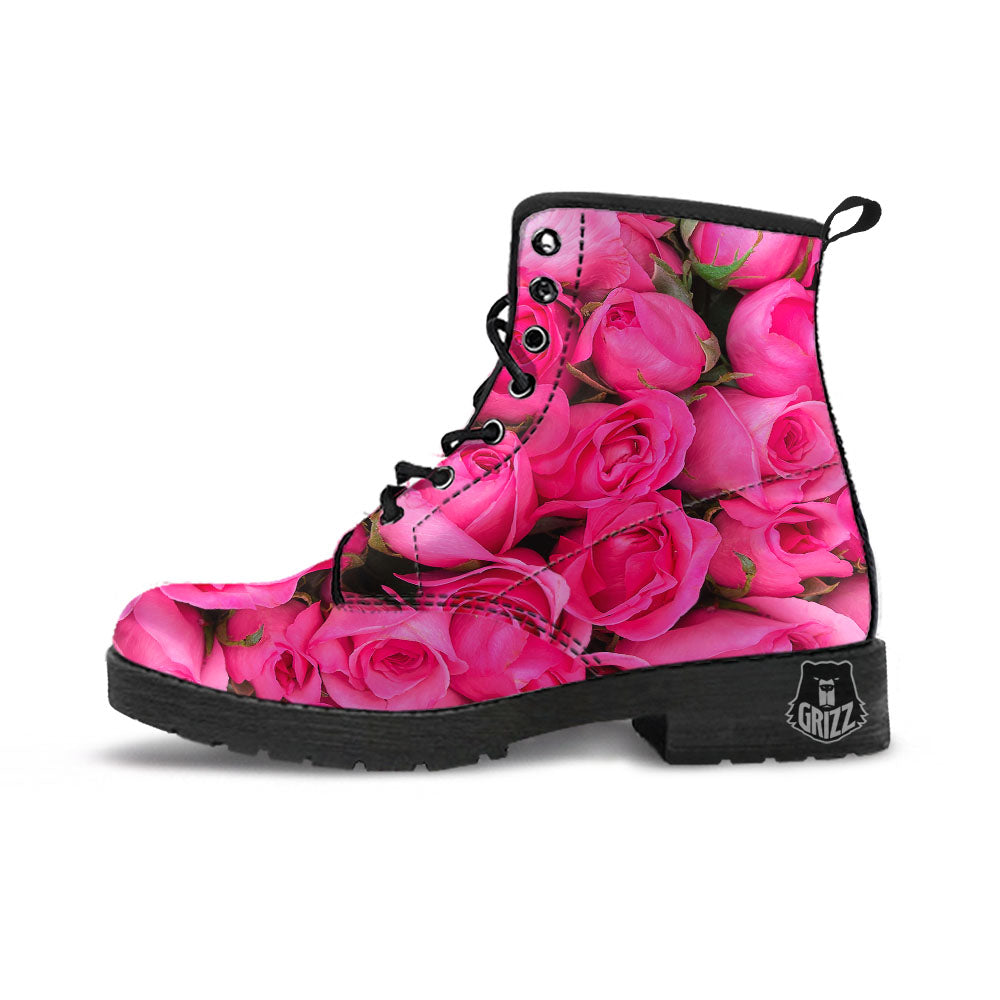 Rose Hot Pink Print Leather Boots-grizzshop